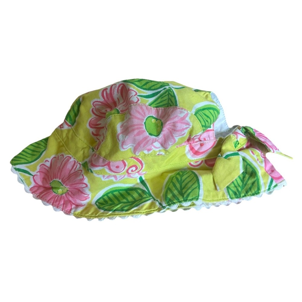 Bonnie Baby Sun Hat Girls 3-6 Months Yellow Pink Butterflies Flowers Back Bow